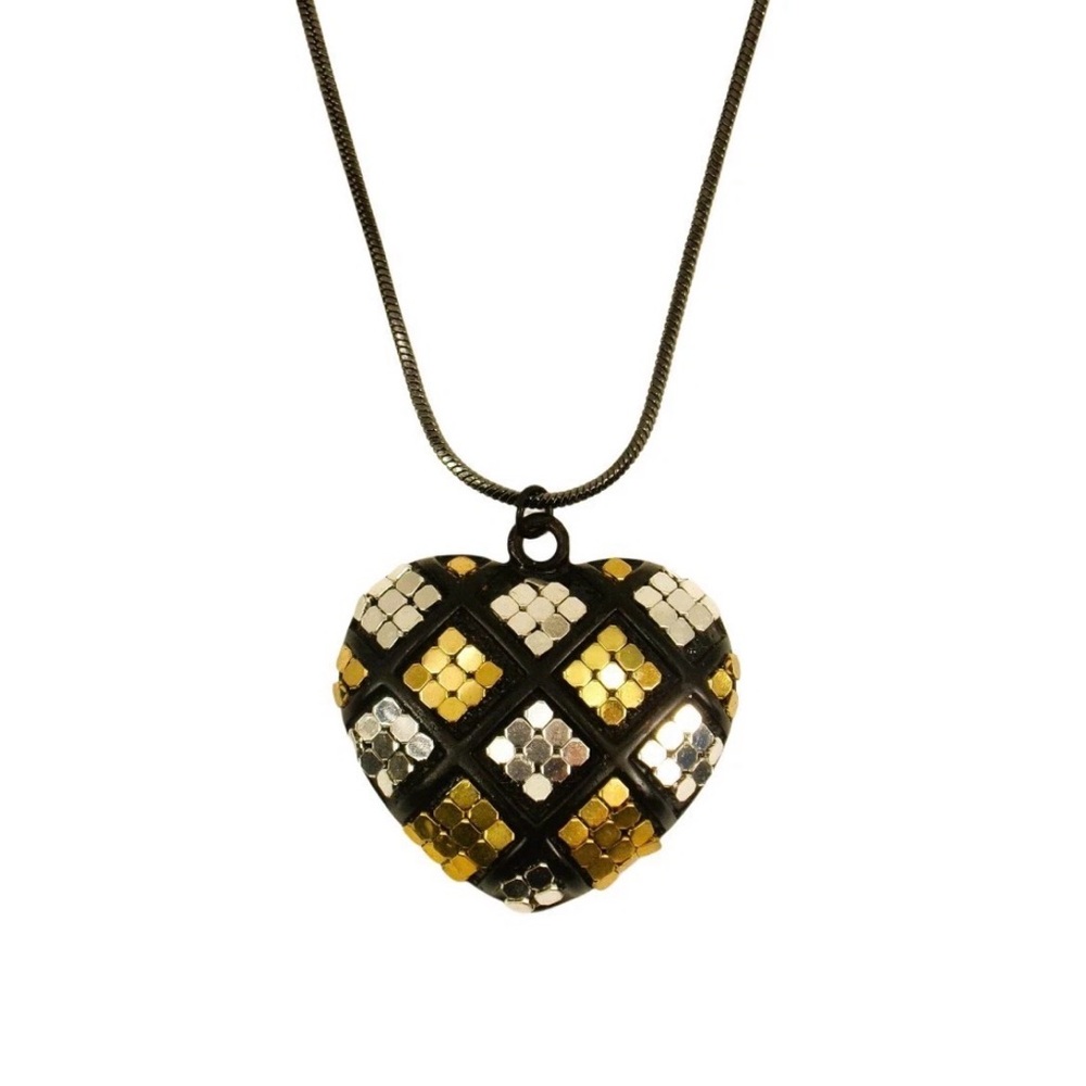 Large heart pendant in black, silver, and gold made in metal on snake chain NEW